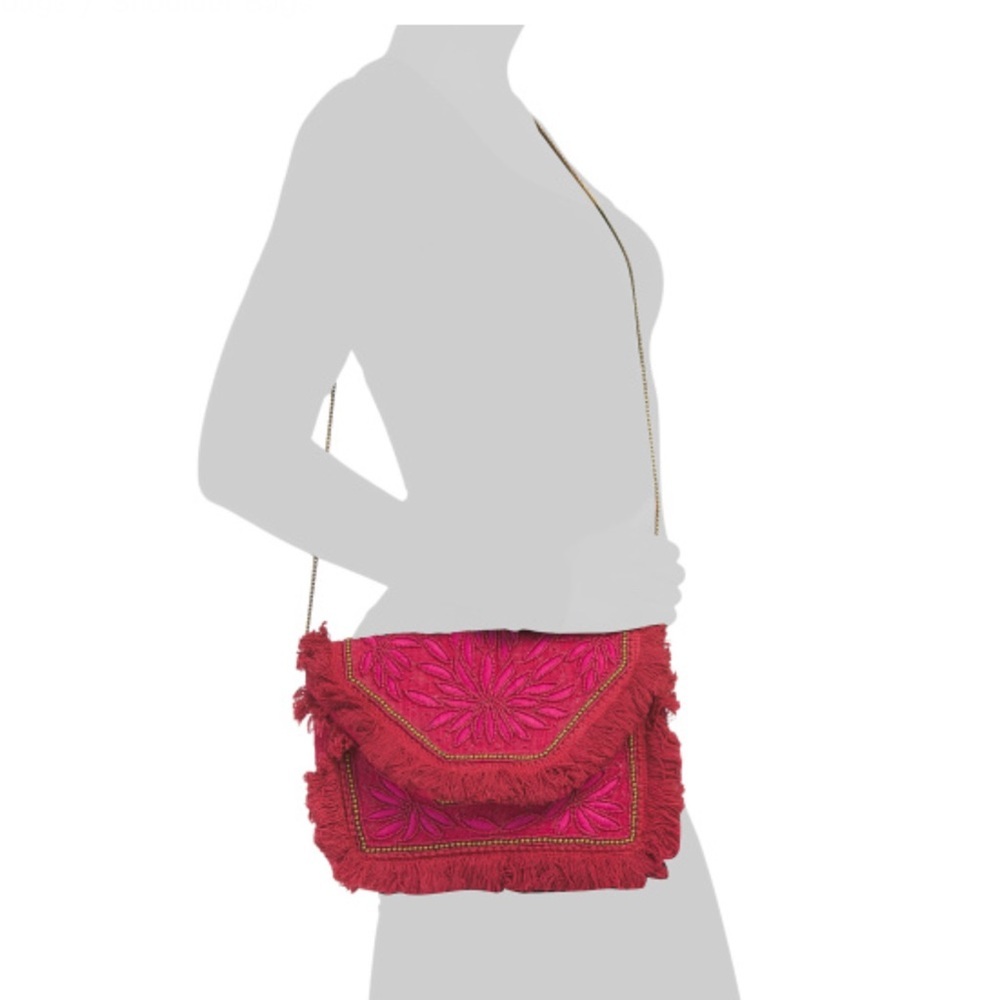NATASHA Fuscia Embroidered Envelope Shoulder Bag With Floral Beaded Accents - Picture 3 of 10